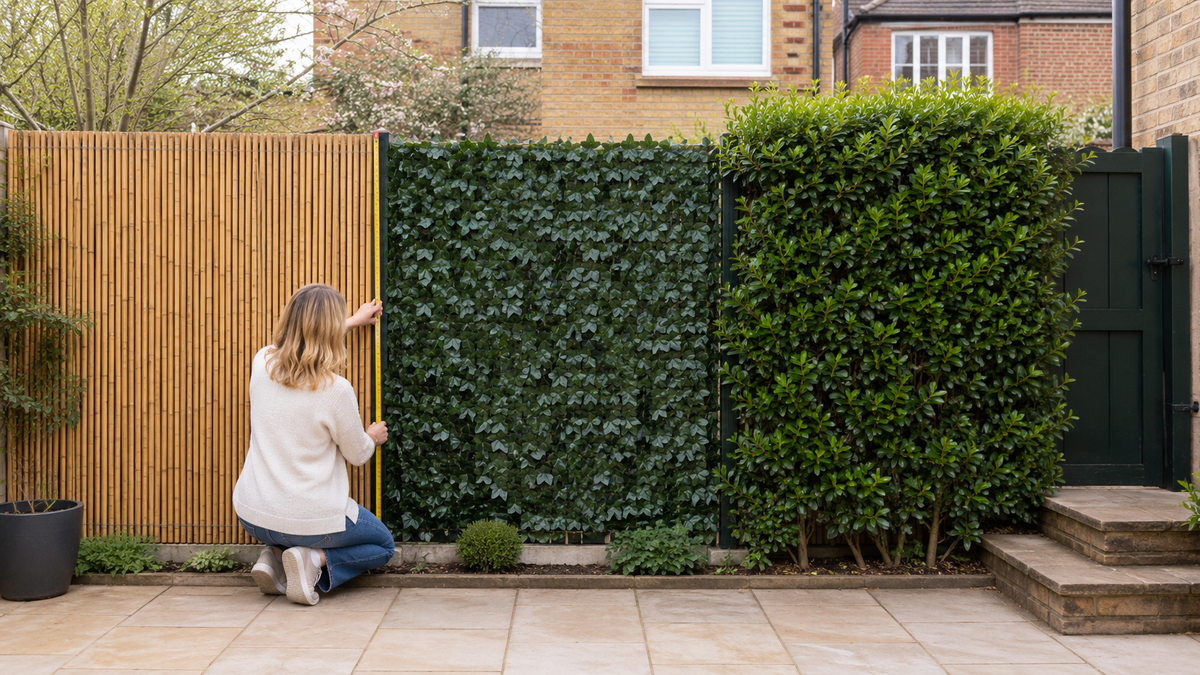 Bamboo screening, artificial ivy and living hedge compared along a British garden boundary