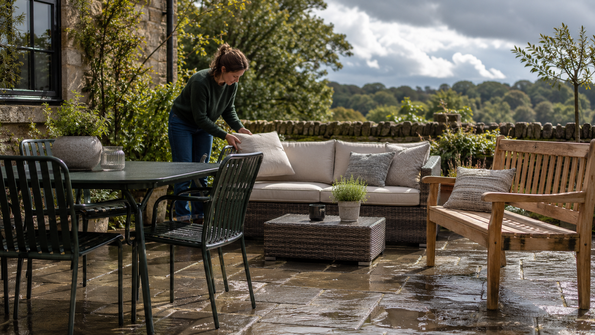 Metal, rattan and wooden garden furniture arranged on a British patio after rain