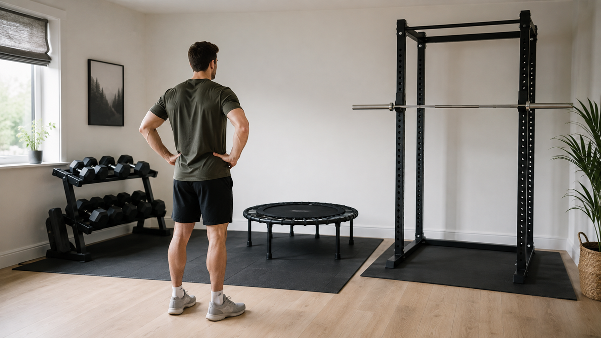 Dumbbells, mini rebounder and squat rack arranged in separate home workout zones