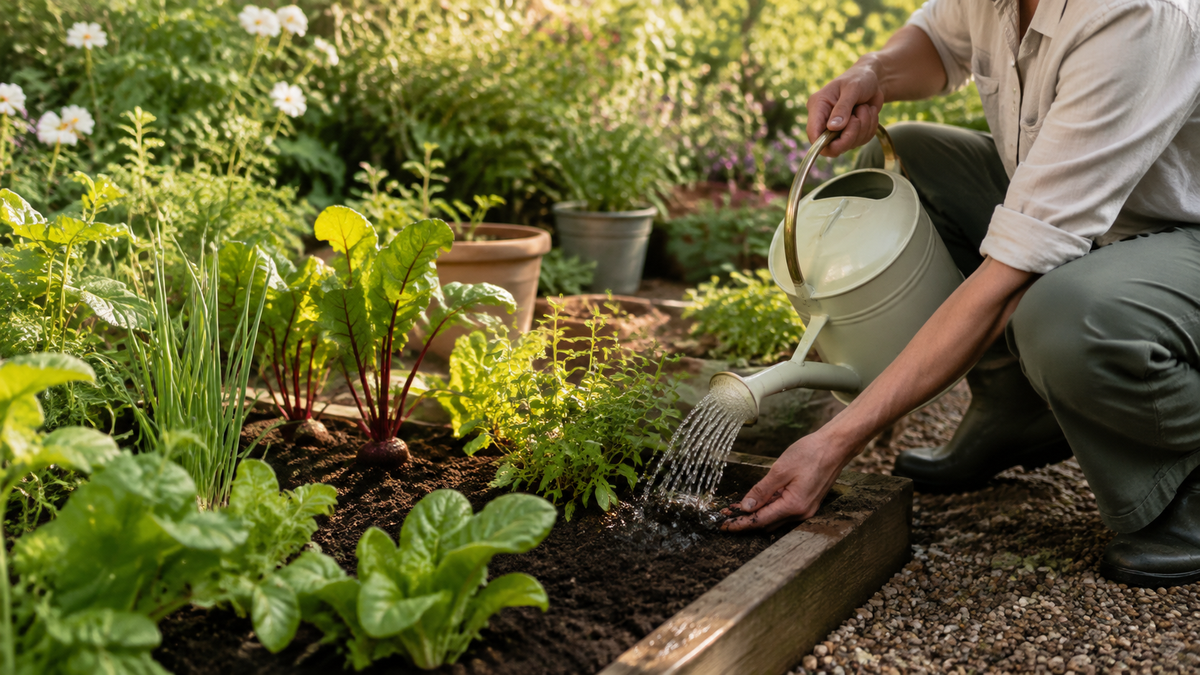 Gardener checking soil moisture and watering vegetables deeply in an August garden