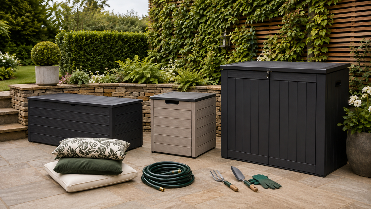 Three outdoor storage box shapes compared with cushions, hose and hand tools
