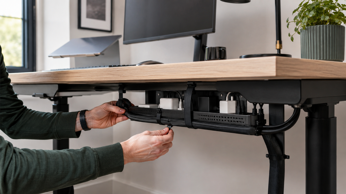 Power and charging cables secured in a ventilated under-desk tray
