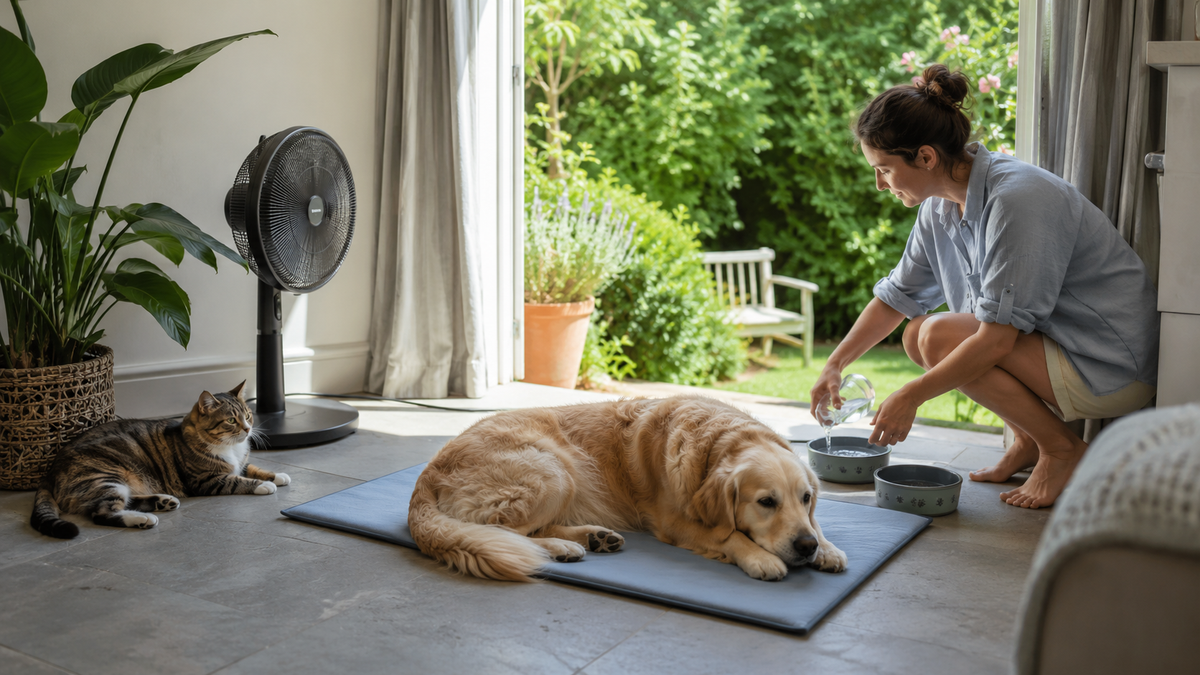 Dog and cat resting in shade with fresh water, a cool mat and a safely positioned fan
