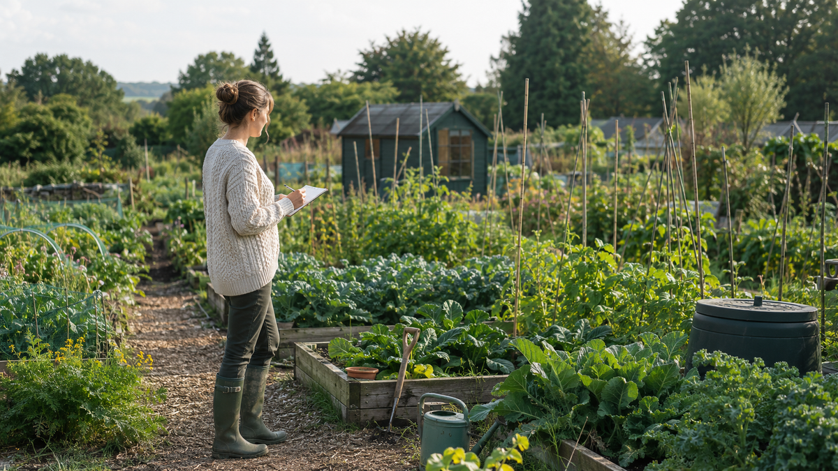 Plot-holder reviewing a British allotment with raised beds, compost bin and garden tools