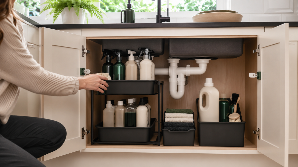 Sealed cleaning supplies arranged safely around plumbing in an under-sink organiser
