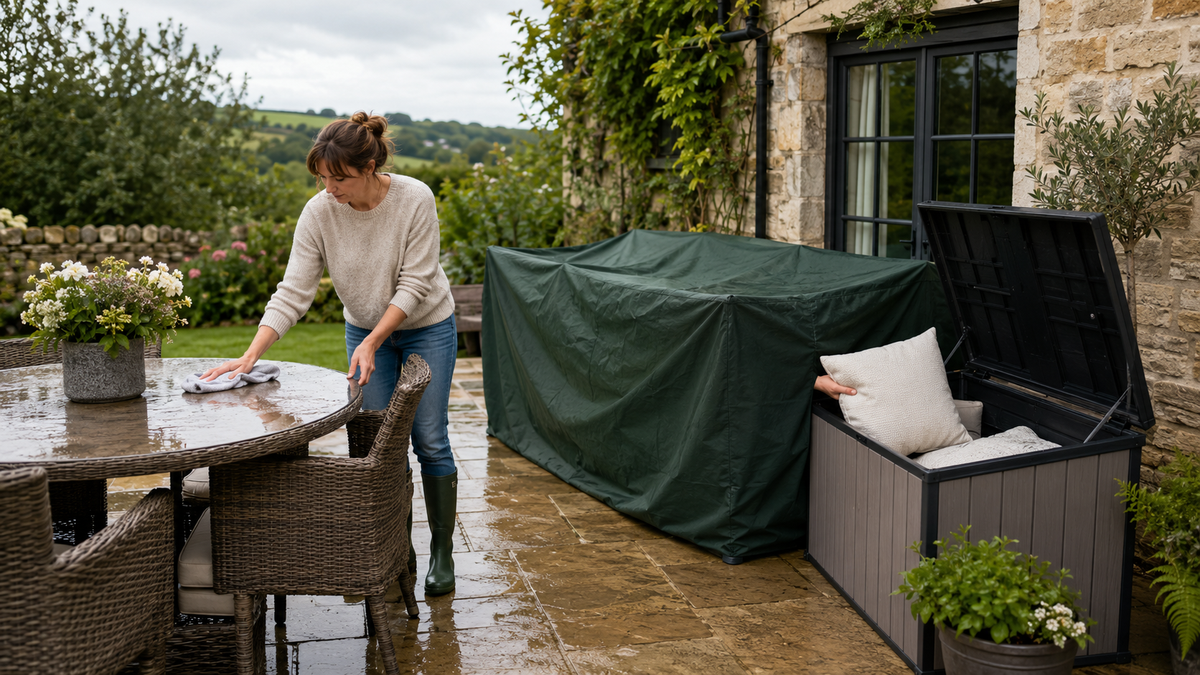 Homeowner drying patio furniture and storing cushions after a summer shower
