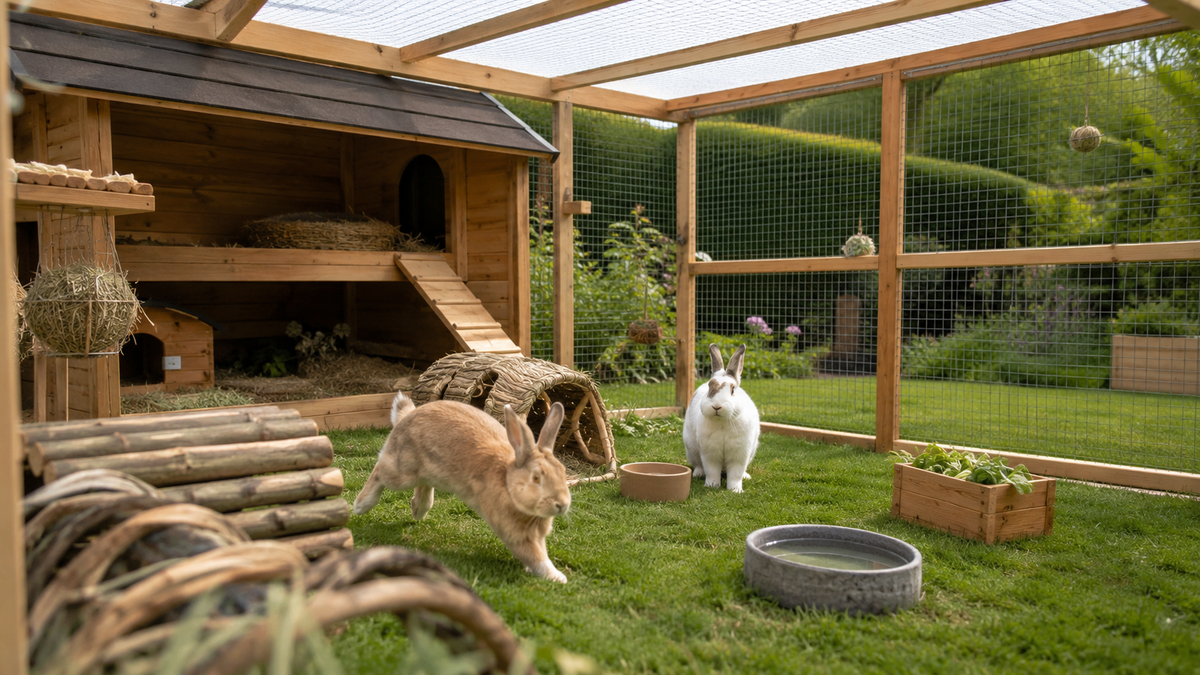 Two rabbits using a spacious secure garden run connected to a weatherproof shelter