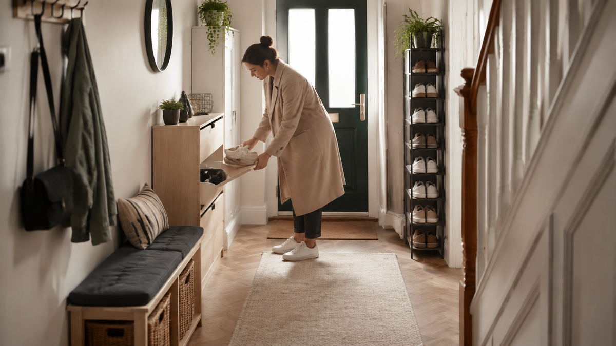 Narrow British hallway with closed shoe cabinet, compact bench and clear walking route