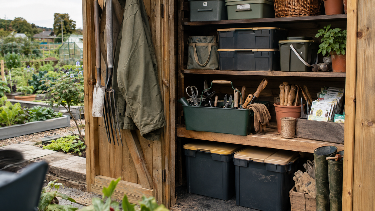 Organised allotment shed with hand tools, portable tote and weatherproof storage boxes