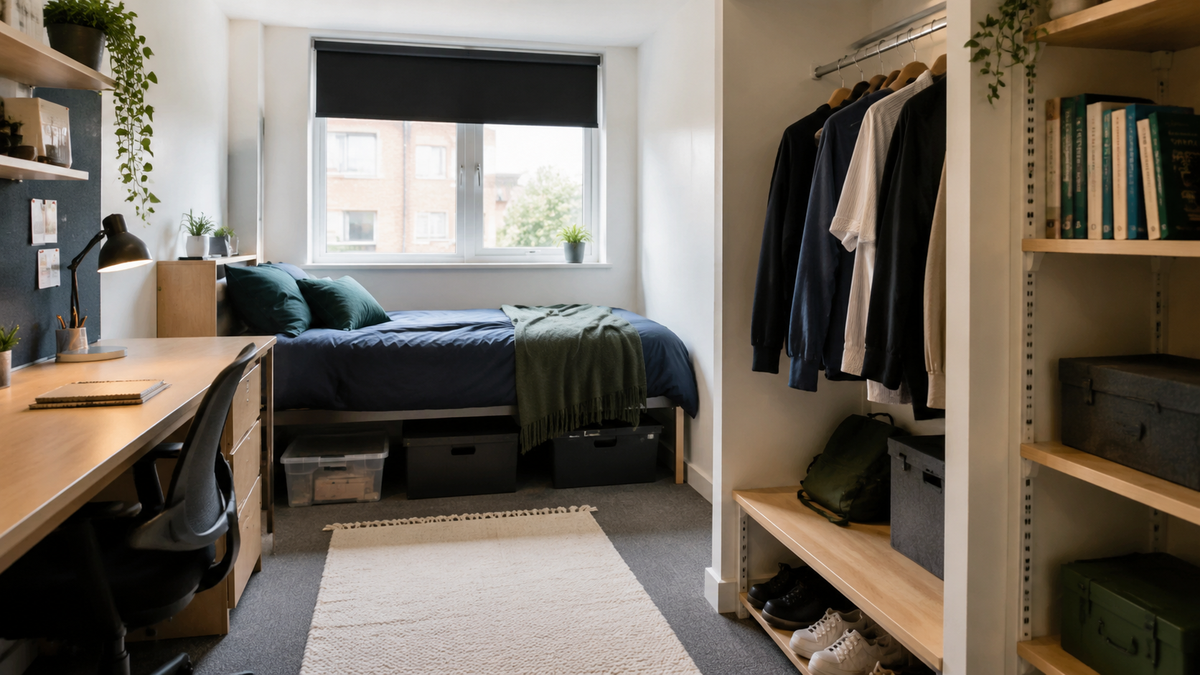 Compact UK student bedroom with under-bed boxes, slim clothes storage and clear desk