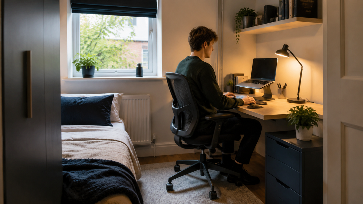 Student using an ergonomic study desk in a compact UK bedroom