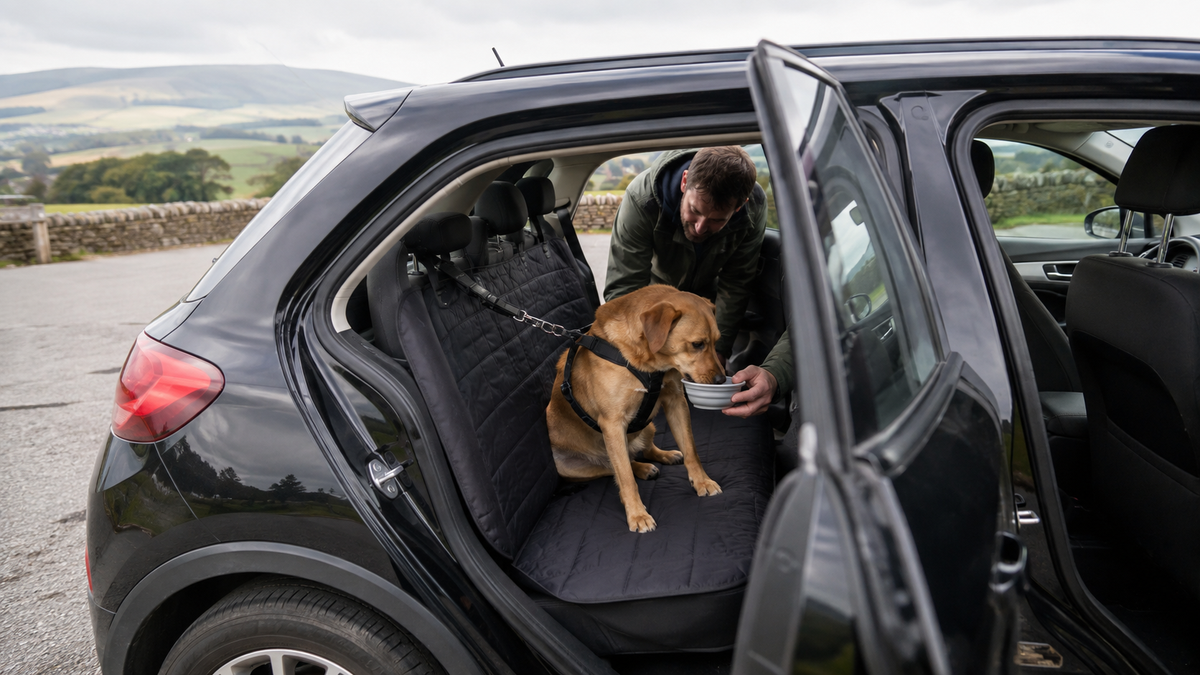 Dog secured by a car harness on a protected rear seat while the owner offers water