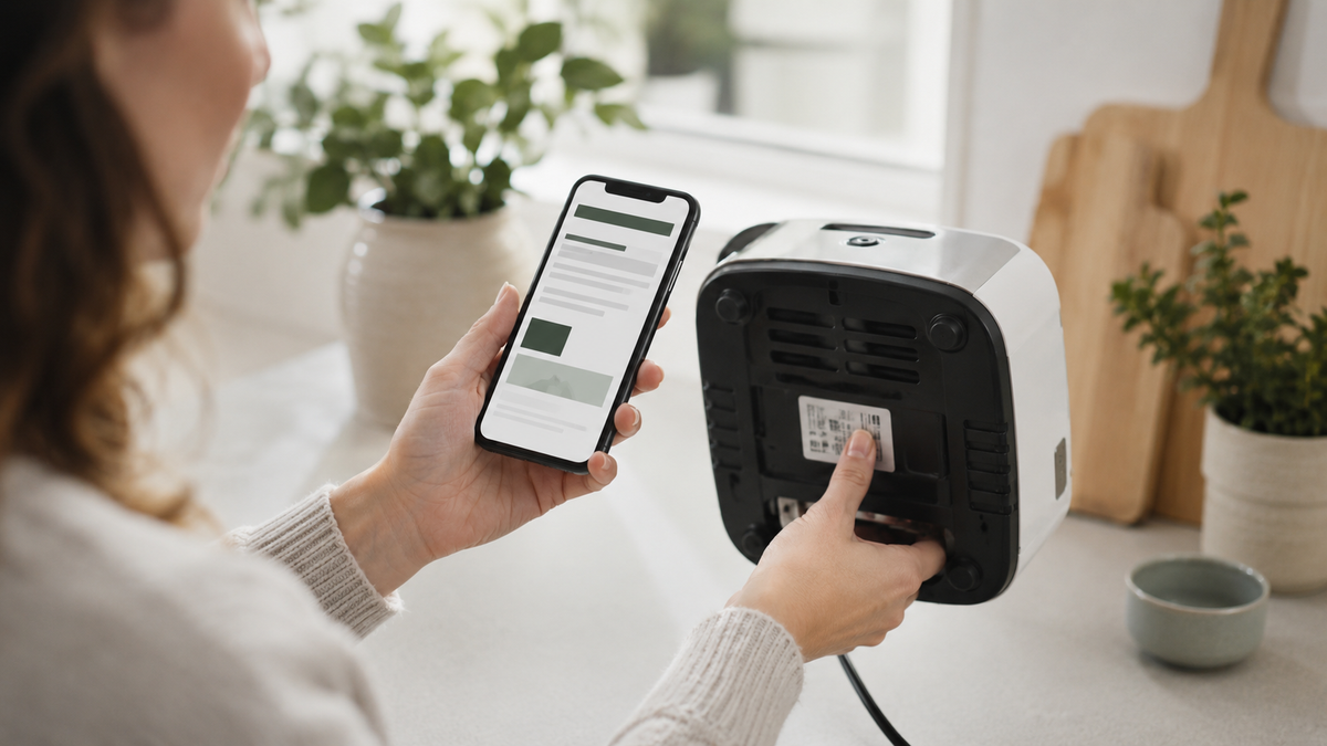 Person checking a household appliance model label against a safety information page on a smartphone