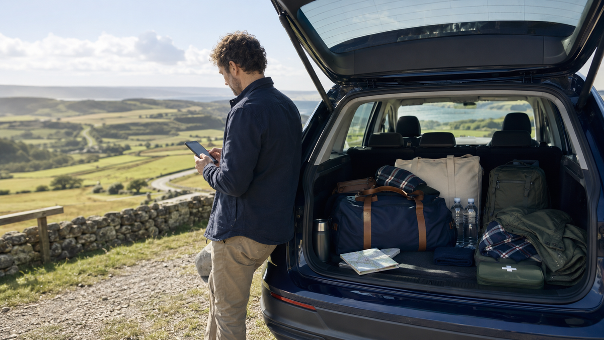Organised car boot with luggage, water, map and emergency kit at a British countryside stop