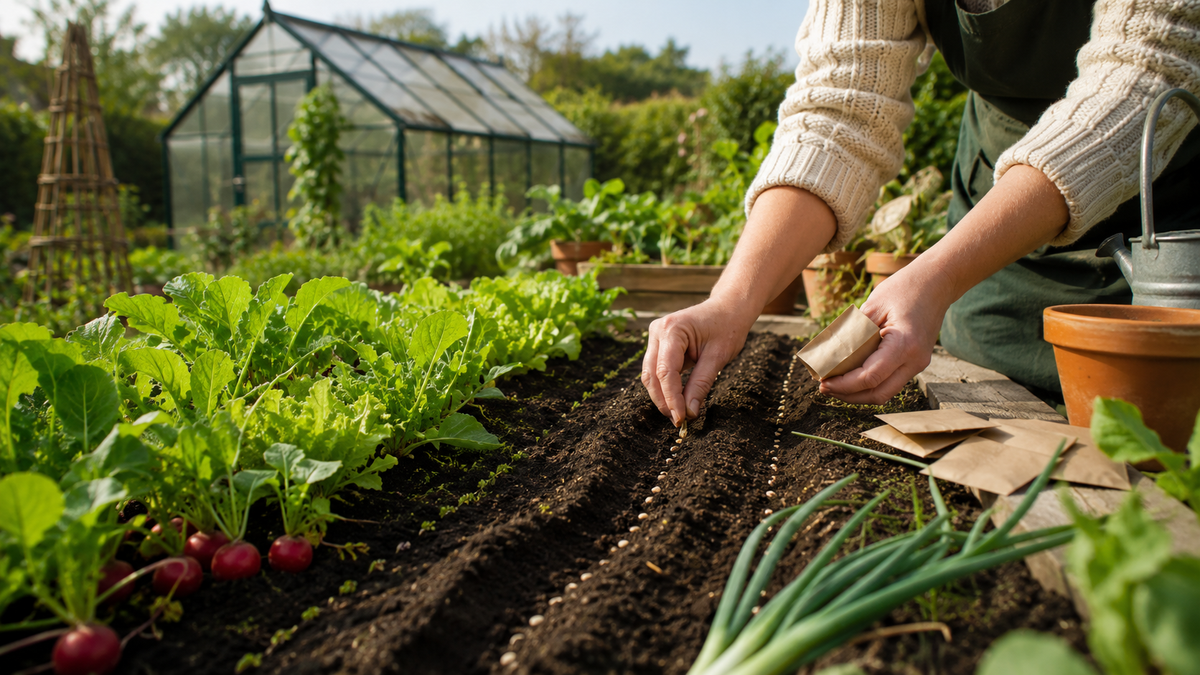 Gardener sowing seeds beside leafy vegetables in a British kitchen garden in August