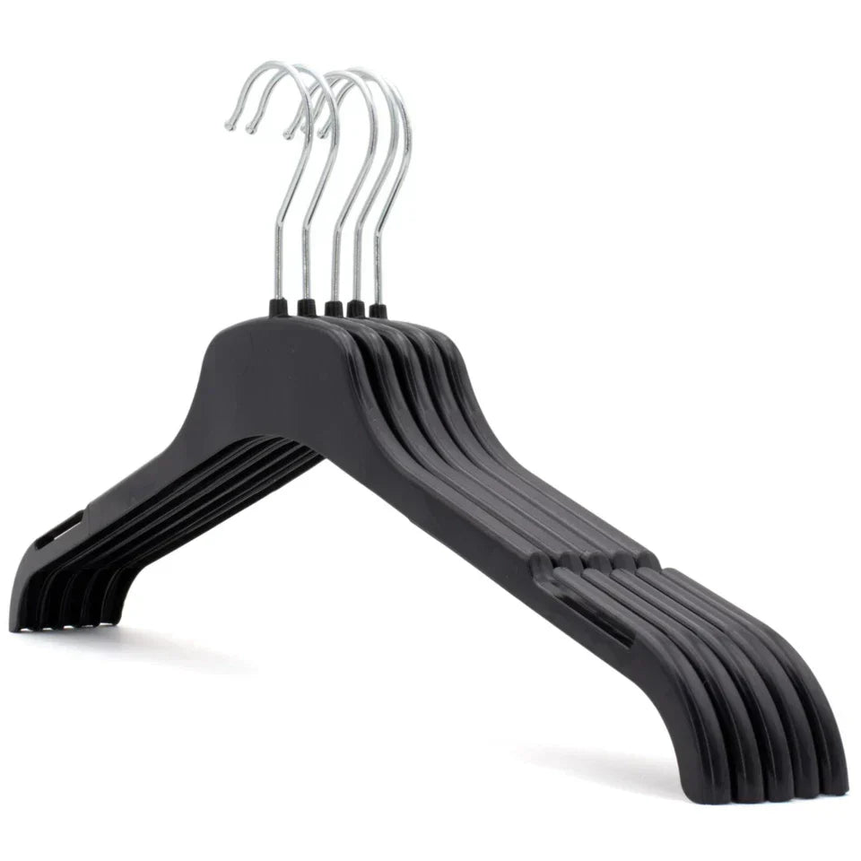 Strong Plastic Coat Clothes Hangers for Tops, Shirts, Dresses — on a clean white background