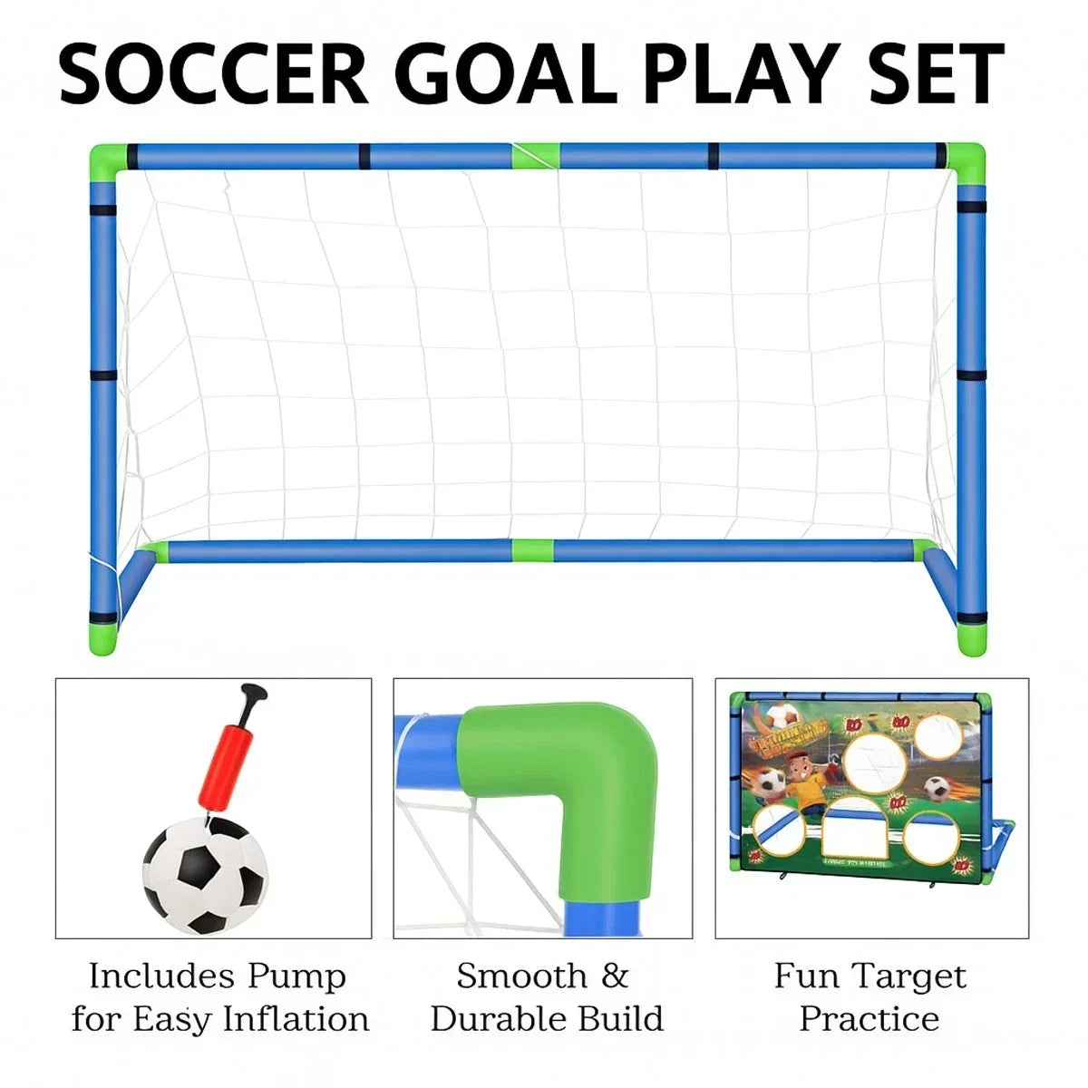 Kids 2in1 Portable Soccer Goal Post Up Football Target Board With Net, Ball Pump — on a clean white background