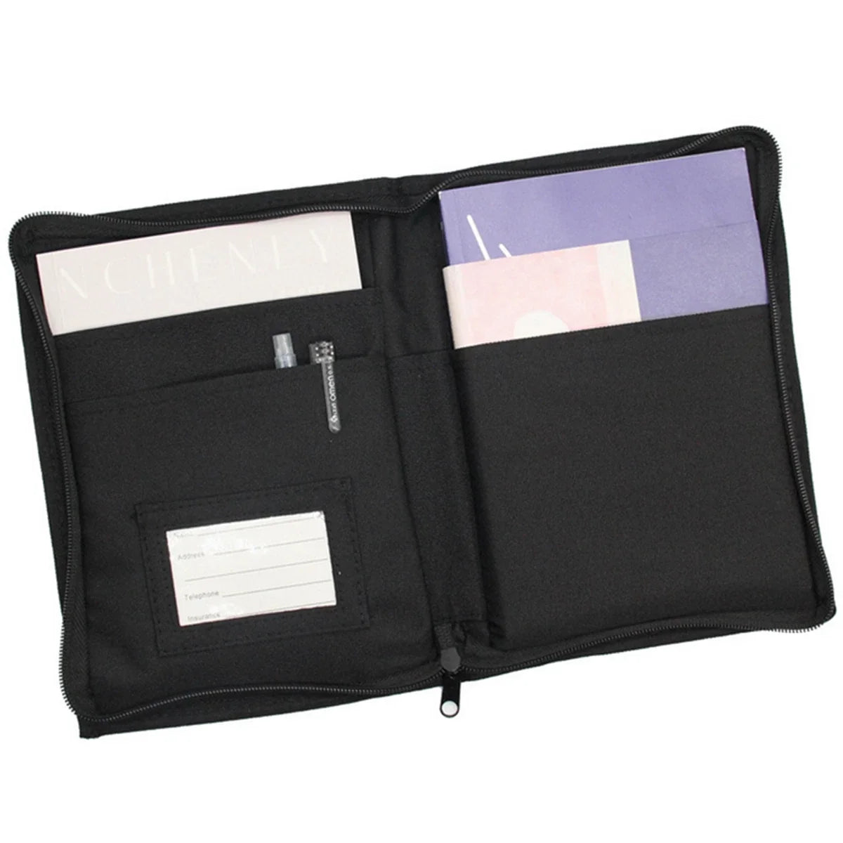 Vehicle document wallet organised with useful road-trip information for a UK glovebox