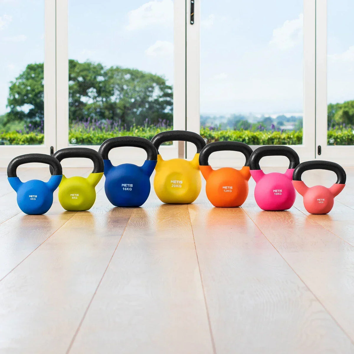 Colourful kettlebells in a bright home workout space representing Sports and Fitness