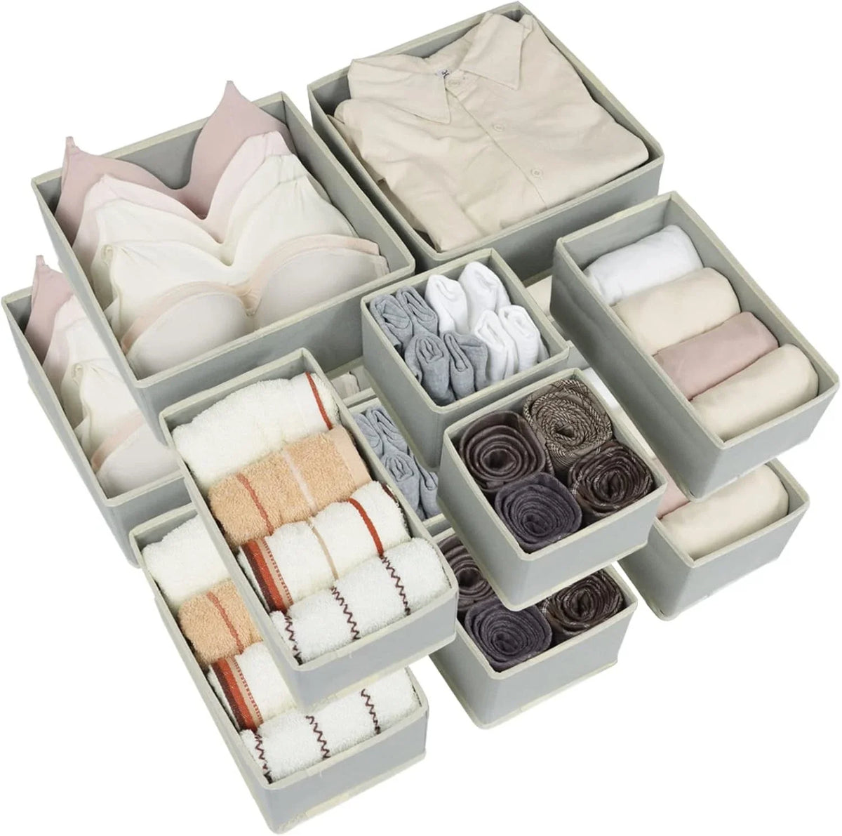 Foldable grey fabric drawer organisers selected for the Gift Finds collection