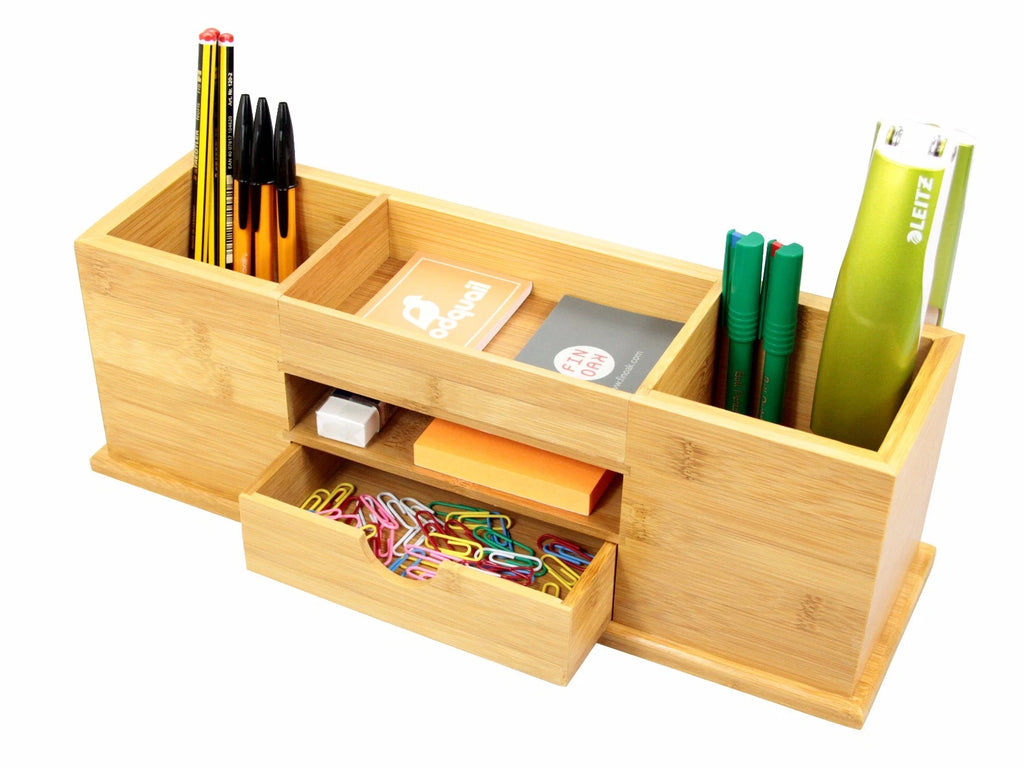 Wide bamboo stationery organiser front view