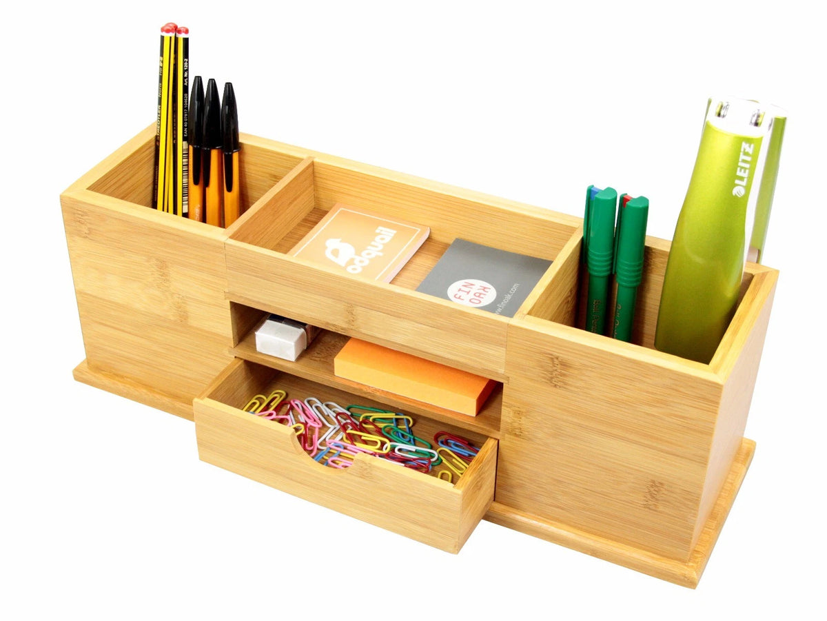 Wide bamboo stationery organiser front view