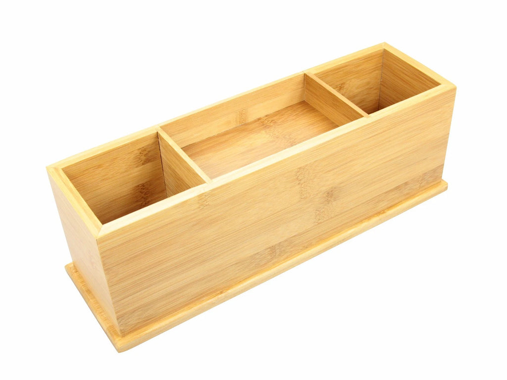 Bamboo desk organiser compartments and drawer