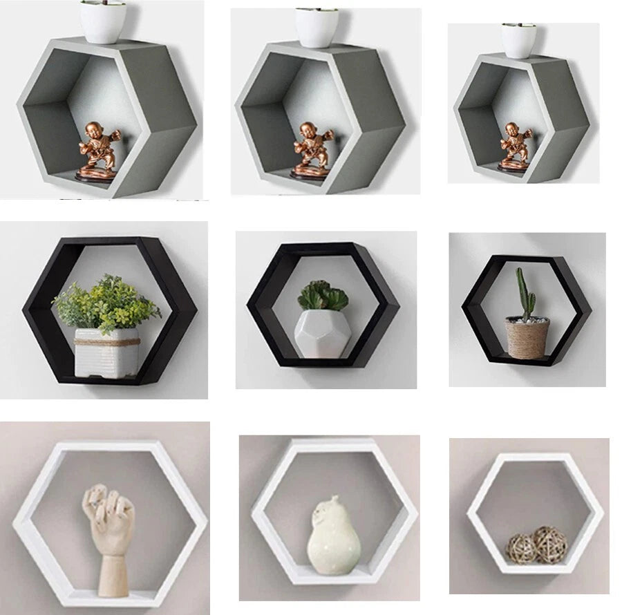Set of three hexagonal floating wall shelves