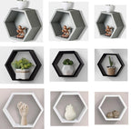 Set of three hexagonal floating wall shelves