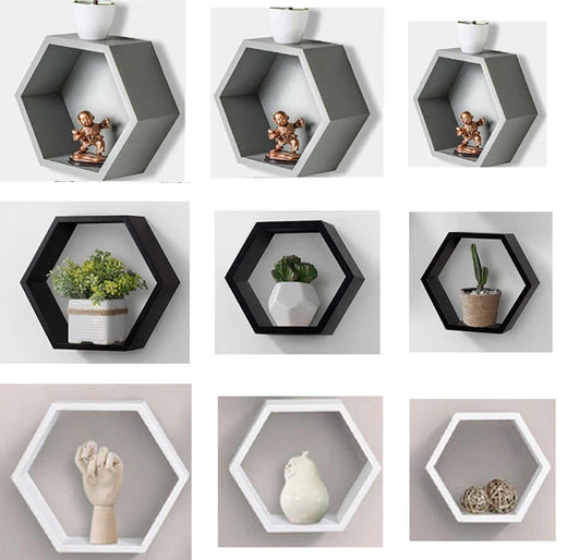 Set of three hexagonal floating wall shelves