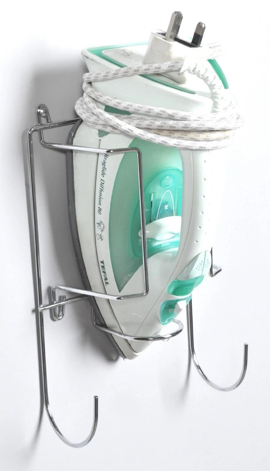 Polished chrome iron and ironing board holder