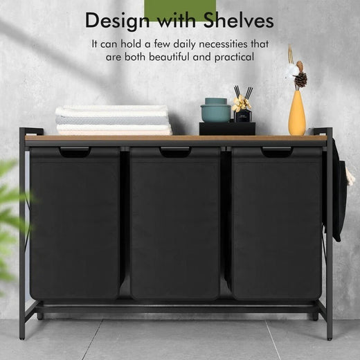 Three-compartment laundry sorter with shelf