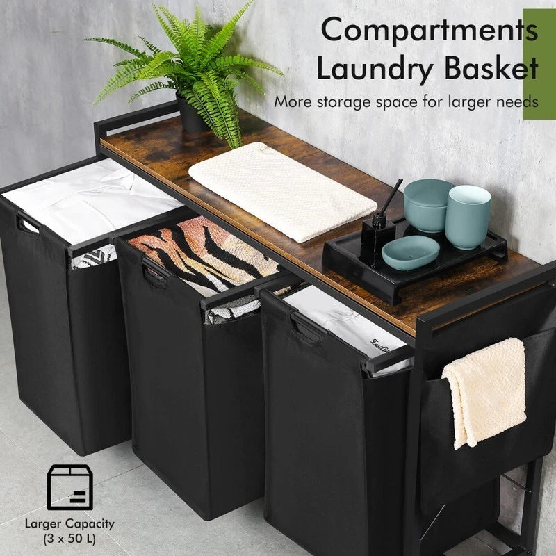 Three-section laundry hamper dimensions and details