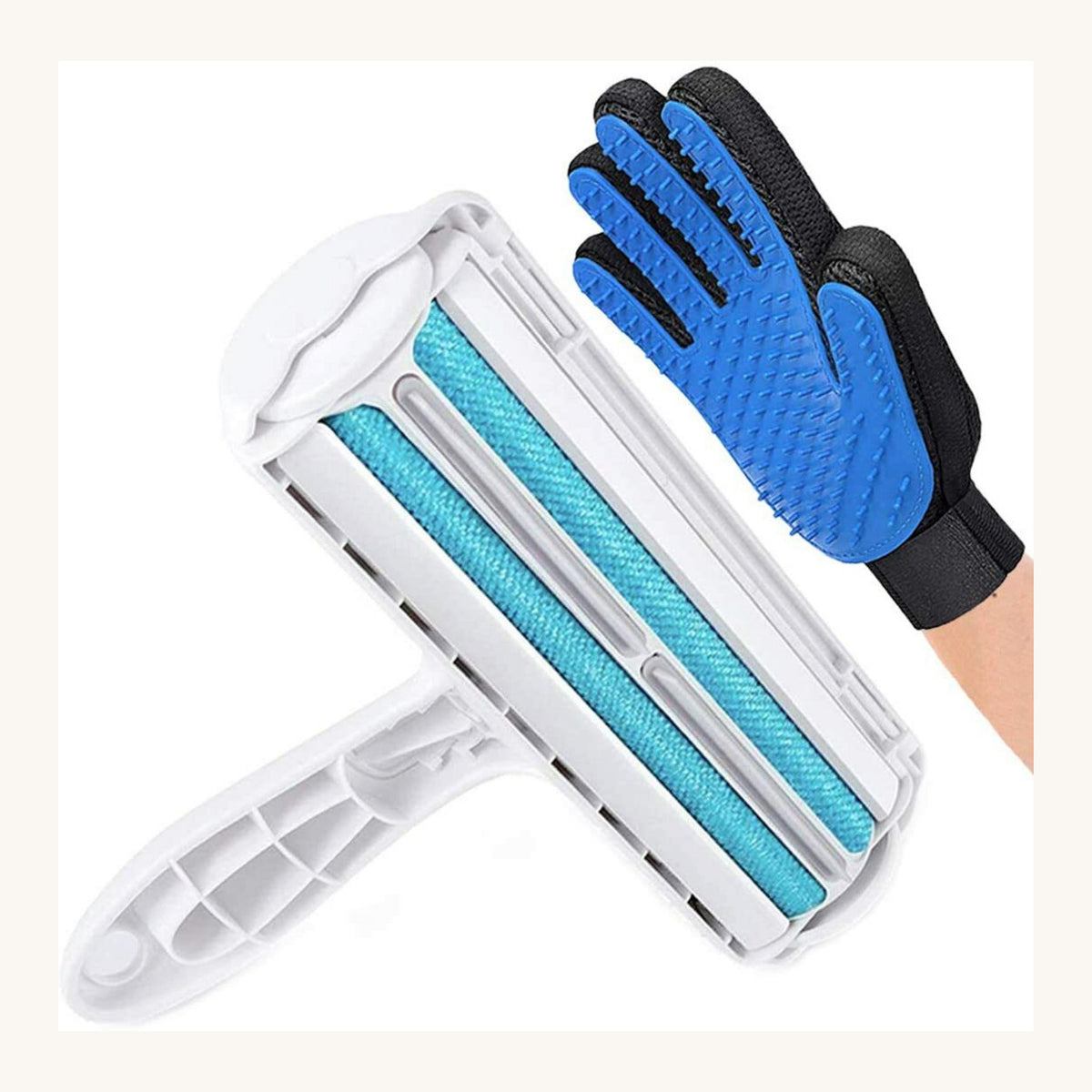 Reusable Pet Hair Remover Roller, Grooming Glove & Travel Brush — 3 Piece Set — on a clean white background