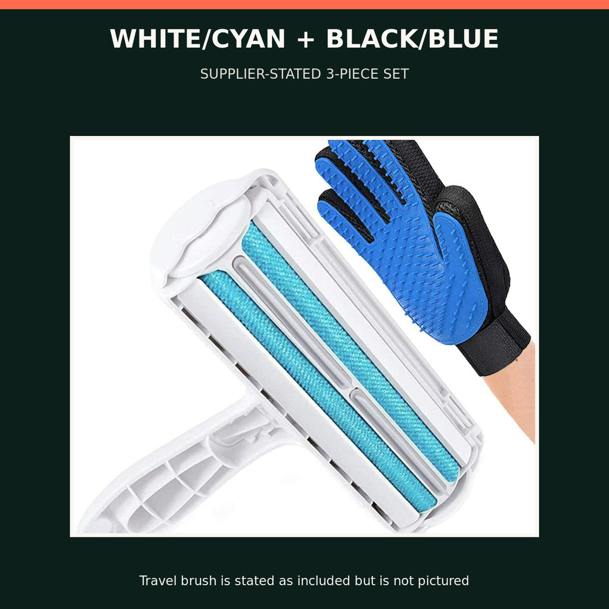 Reusable Pet Hair Remover Roller, Grooming Glove & Travel Brush — 3 — White/Cyan + Black/Blue · 3 Piece Set — product view