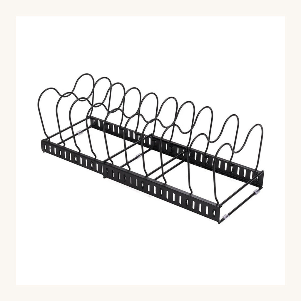 Expandable Pan & Lid Organiser Rack — 10 Dividers — on a clean white background