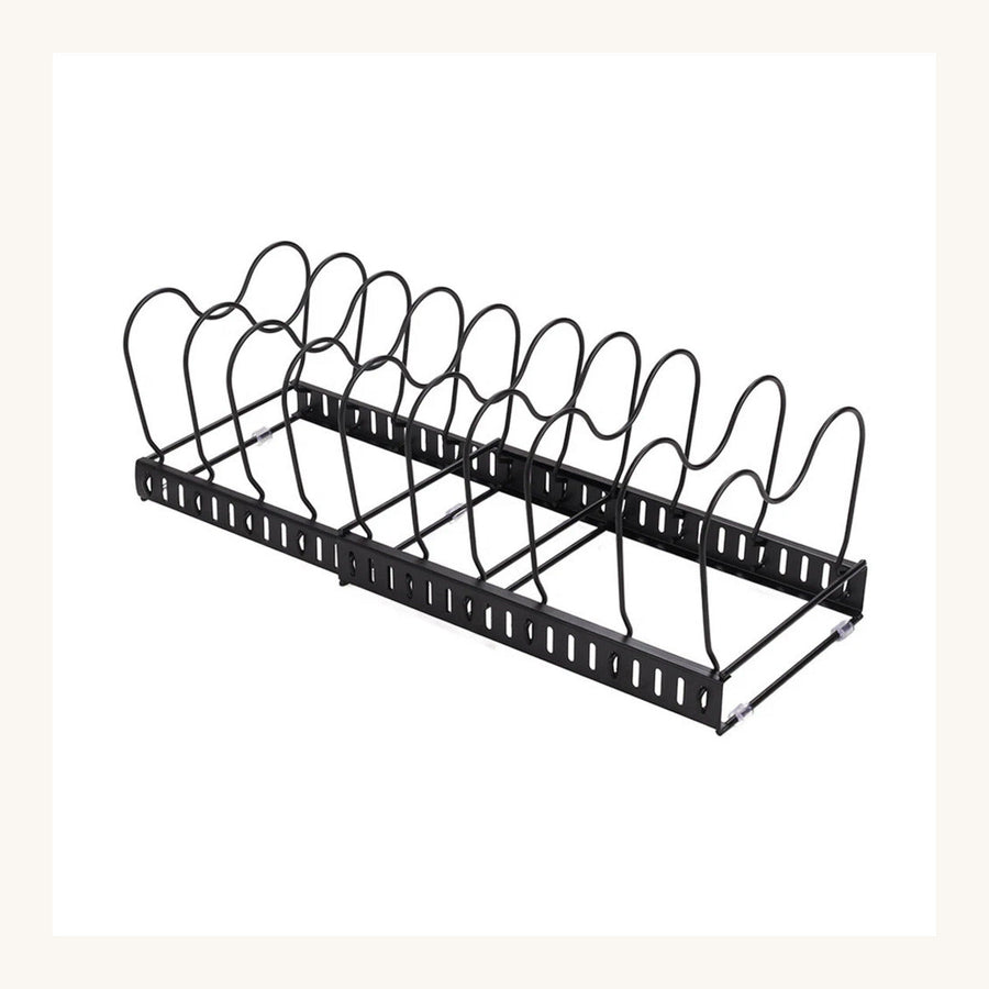 Expandable Pan & Lid Organiser Rack — 10 Dividers — on a clean white background