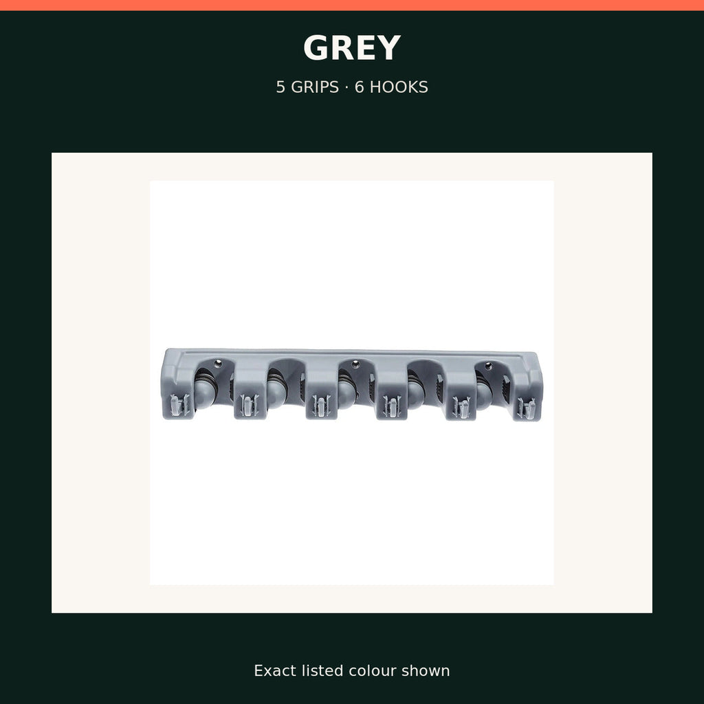 Wall-Mounted Mop & Broom Organiser — 5 Grips + 6 Hooks — Grey — product view