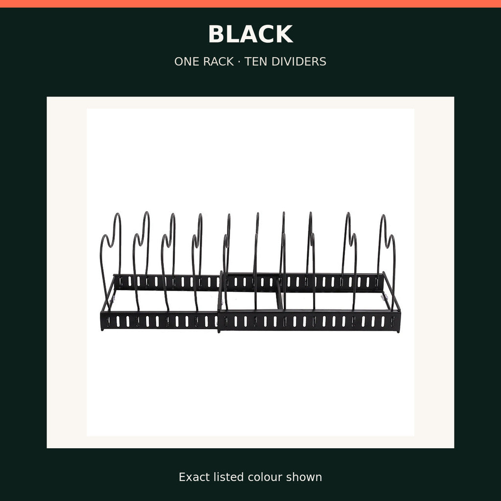 Expandable Pan & Lid Organiser Rack — 10 Dividers — Black — product view