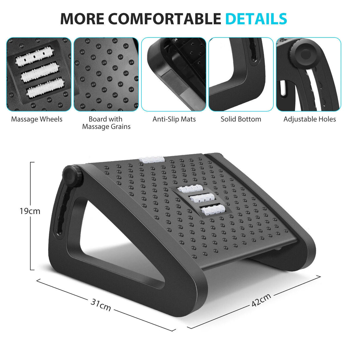 Black adjustable under-desk footrest — view 3