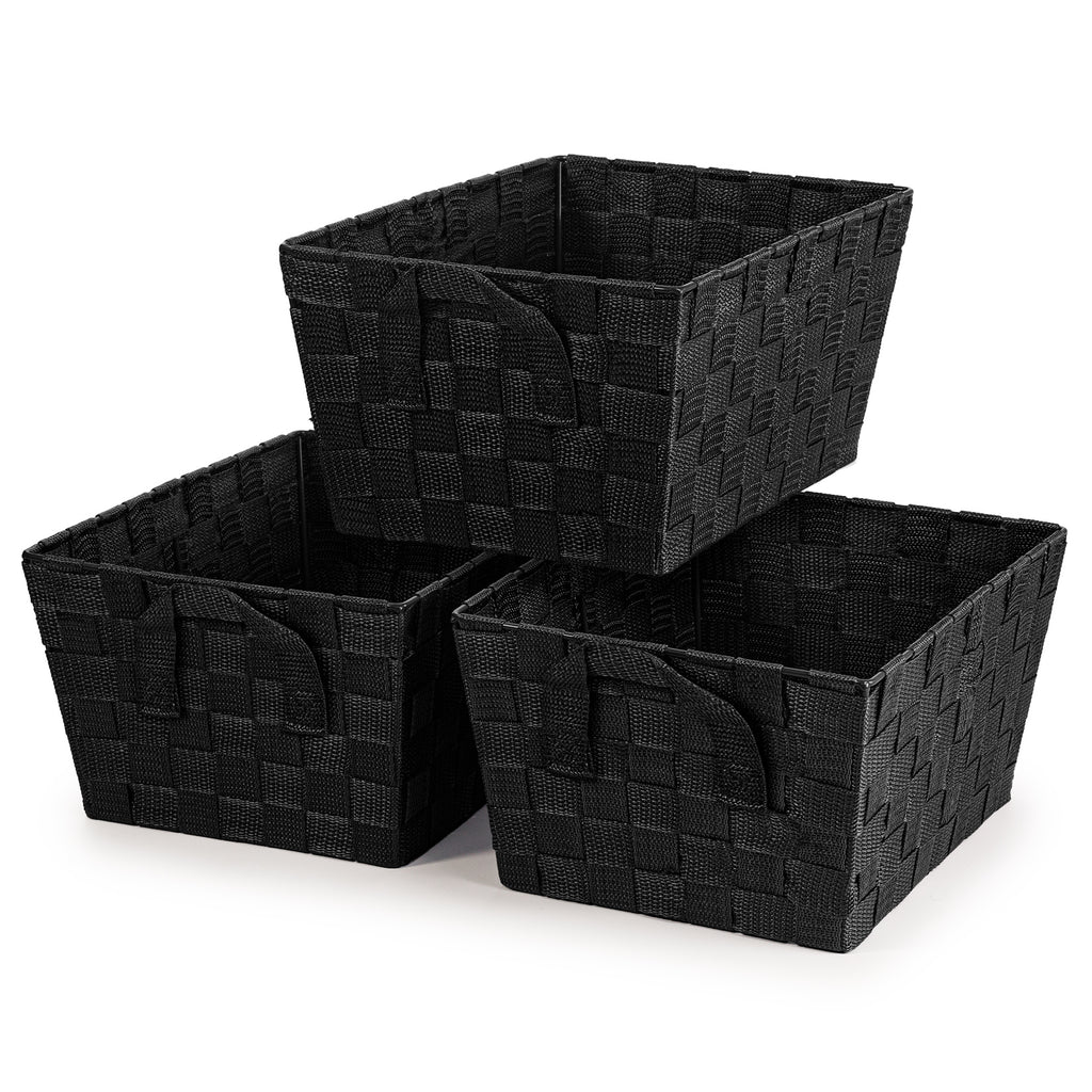 set of three black woven storage baskets — view 1
