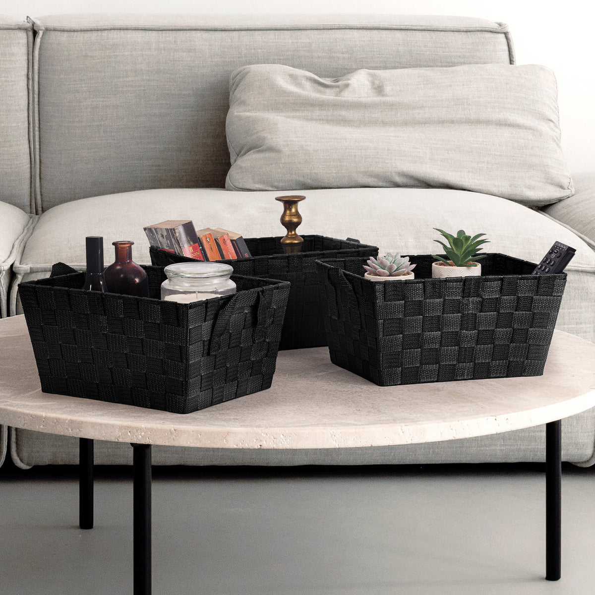 set of three black woven storage baskets — view 3