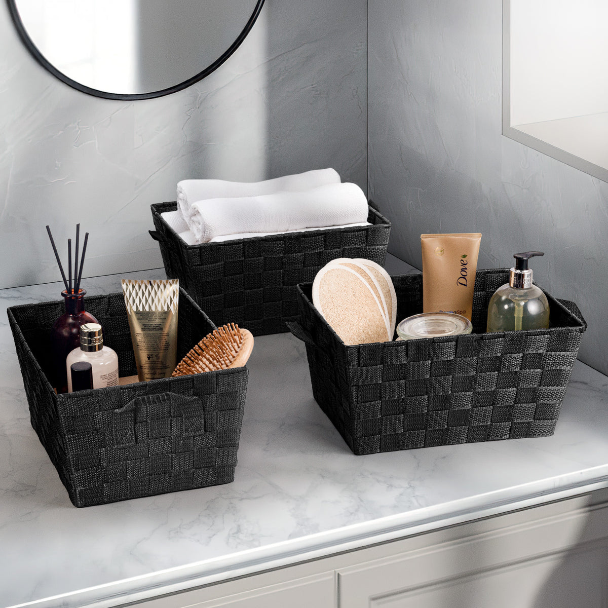 set of three black woven storage baskets — view 4