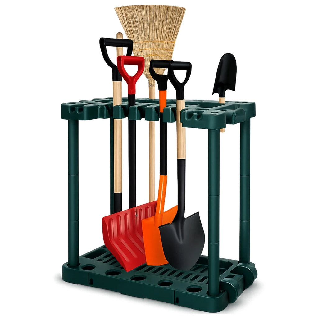 green freestanding garden tool storage rack — view 1