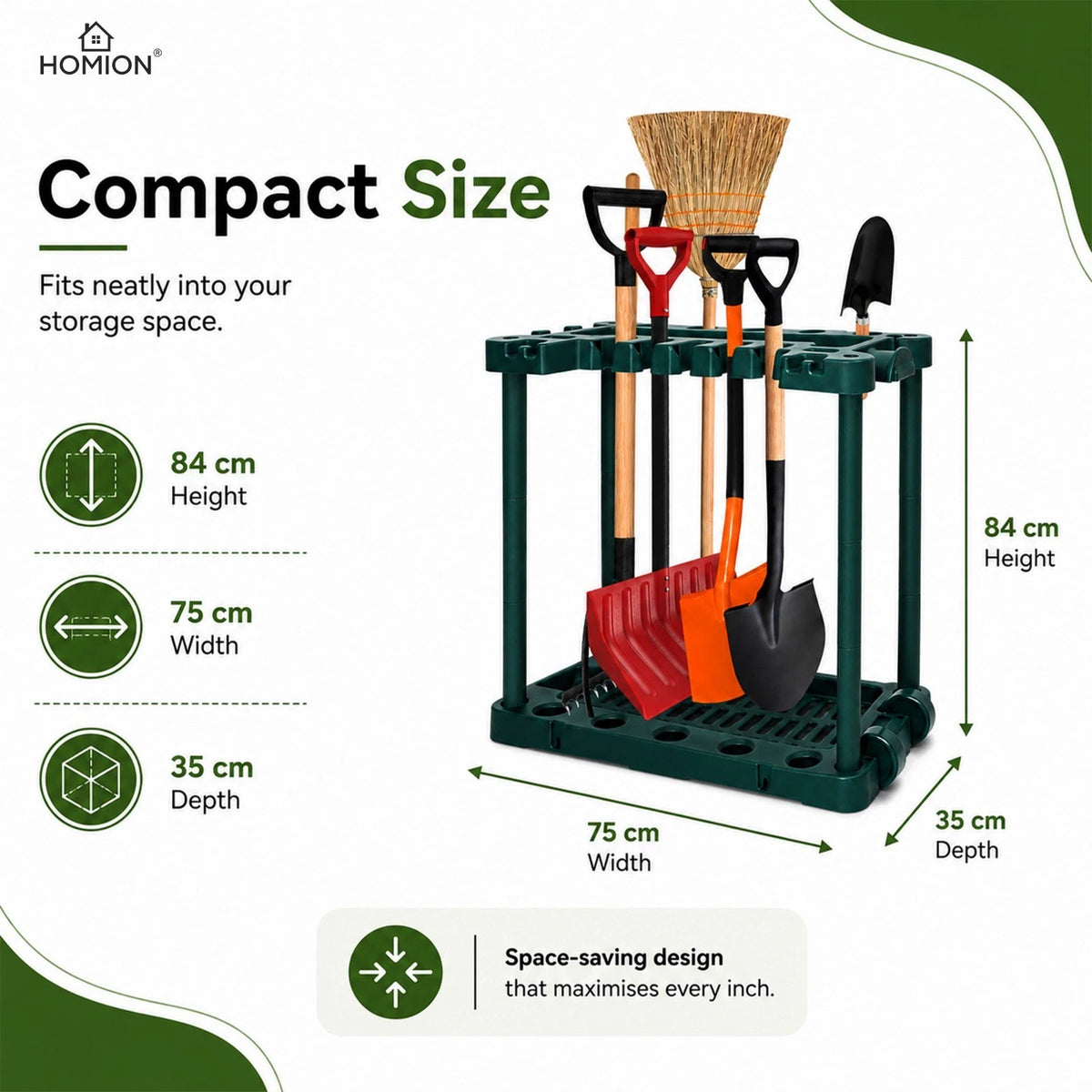 green freestanding garden tool storage rack — view 2