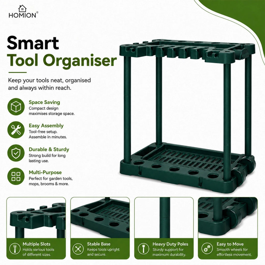 green freestanding garden tool storage rack — view 3