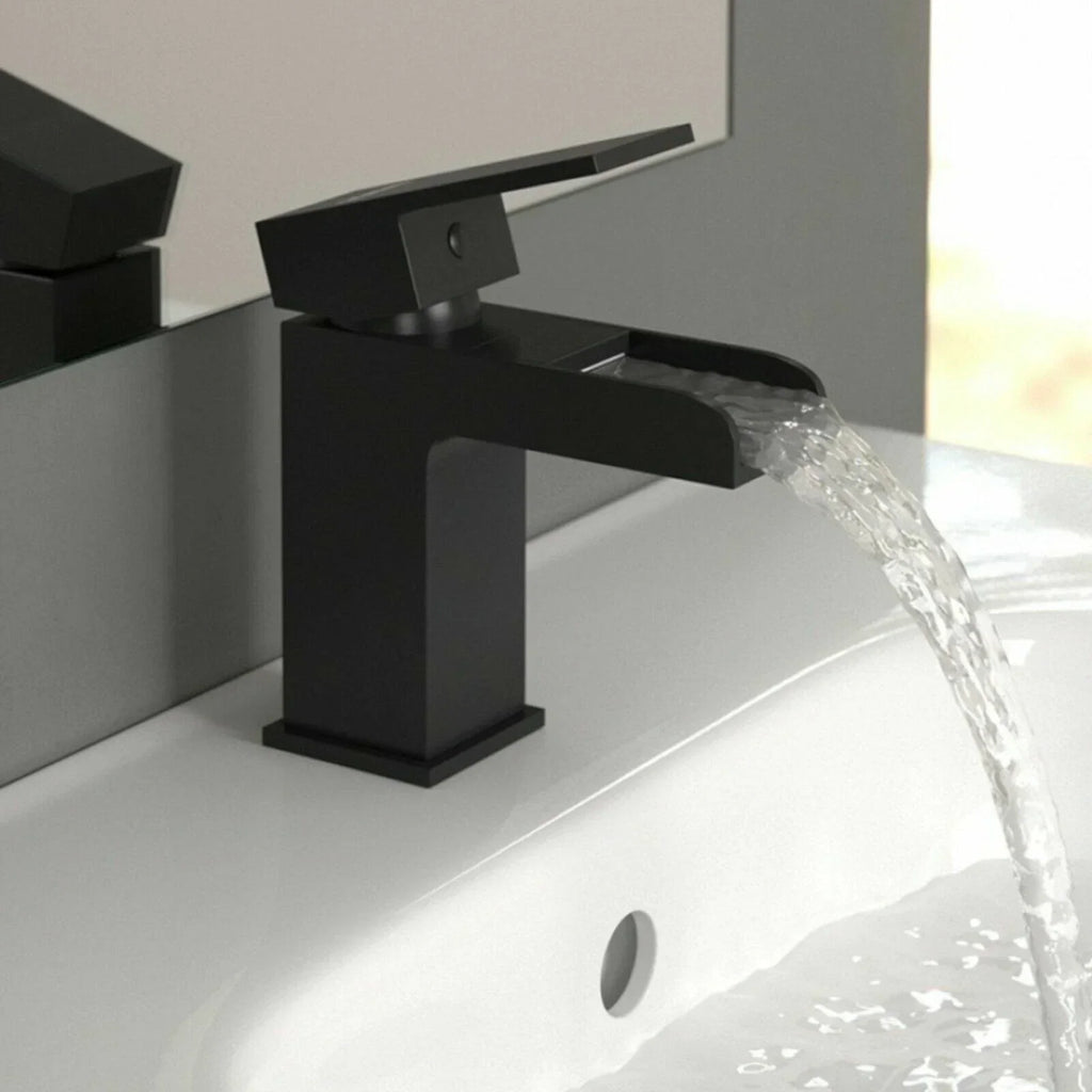 Bathroom Modern Waterfall Black Basin Sink Mono Square Mixer Tap Filler Waste — alternate product view 5