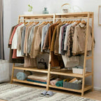 Bamboo Clothes Rail Rack Garment Stand with Top Shelf Shoe Storage Ladder Rails — alternate product view 3