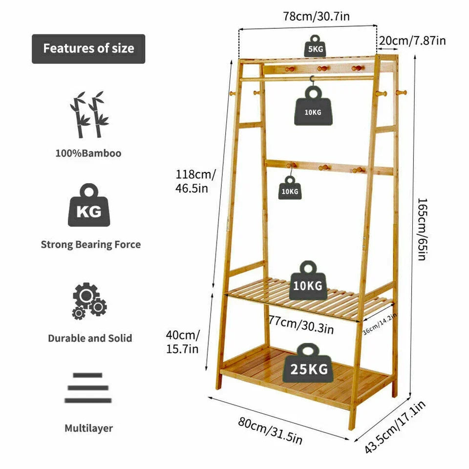 Bamboo Clothes Rail Rack Garment Stand with Top Shelf Shoe Storage Ladder Rails — on a clean white background