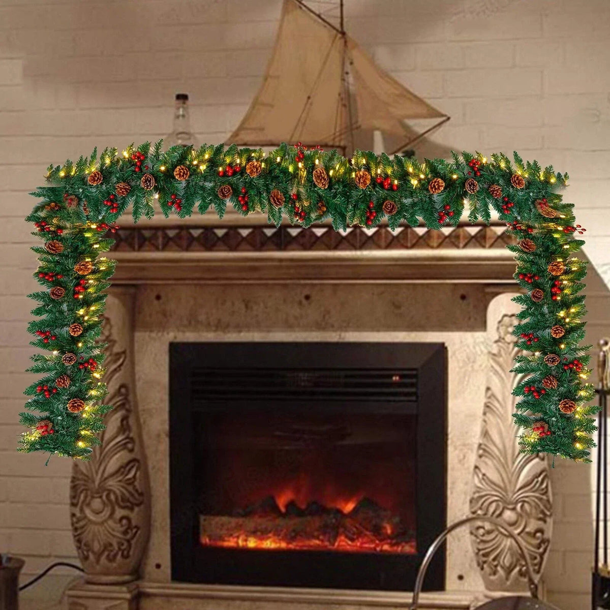 9ft Christmas Garland Snow Flocked With Lights Pinecones Berries Wreath Bushy — alternate product view 5